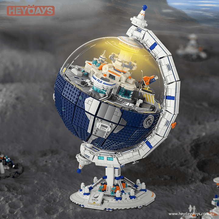 Rotating Globe Building Blocks Set Sci-Fi Space Base Model with LED Light Transparent Dome