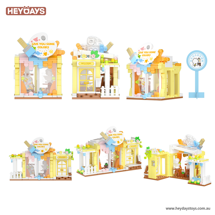 Mini Building Blocks Street View Set - Gift Shop & Art Studio Modular Playset