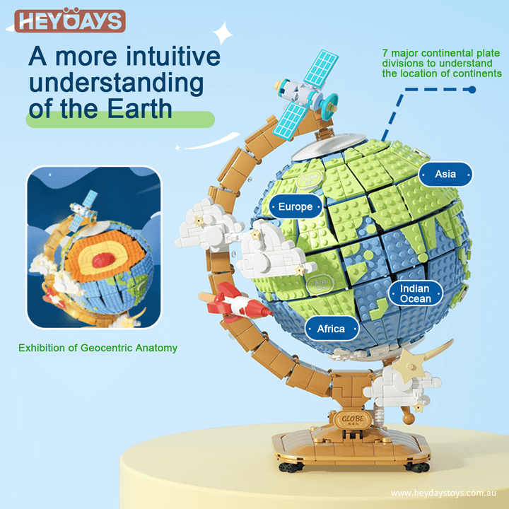 Rotating Earth Globe Building Blocks Set with LED Light & Core Layers – 3D Geography Toy