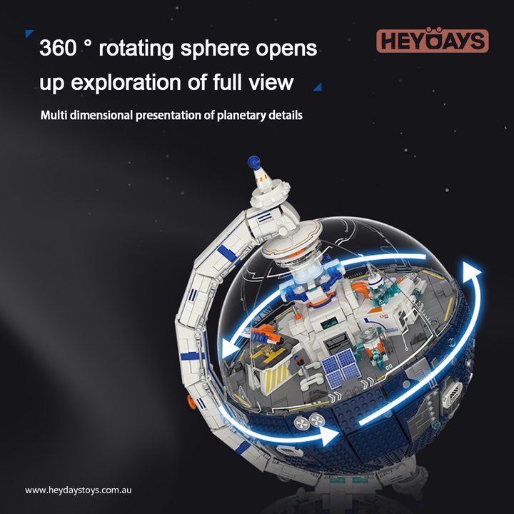 Rotating Globe Building Blocks Set Sci-Fi Space Base Model with LED Light Transparent Dome