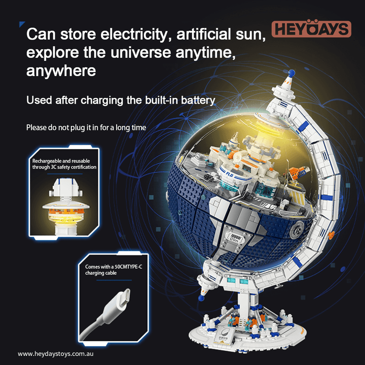 Rotating Globe Building Blocks Set Sci-Fi Space Base Model with LED Light Transparent Dome