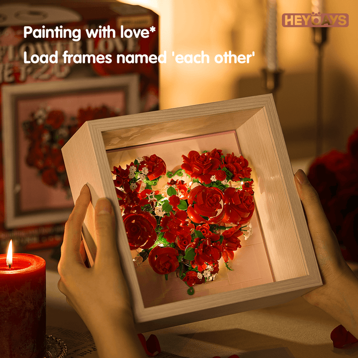 Flower Love Heart Frame Building Set Romantic Rose Wall Decor with LED Light