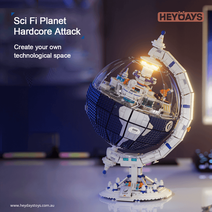 Rotating Globe Building Blocks Set Sci-Fi Space Base Model with LED Light Transparent Dome