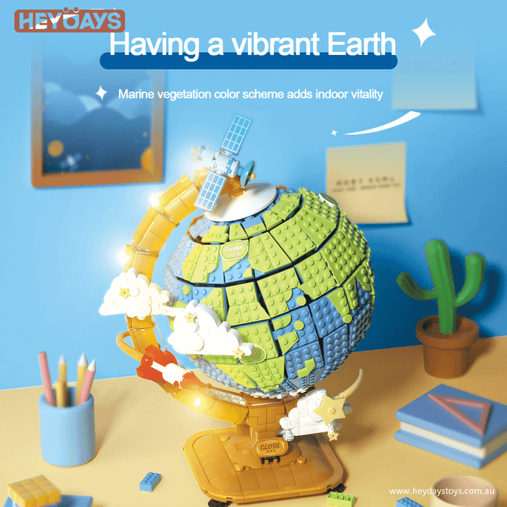 Rotating Earth Globe Building Blocks Set with LED Light & Core Layers – 3D Geography Toy