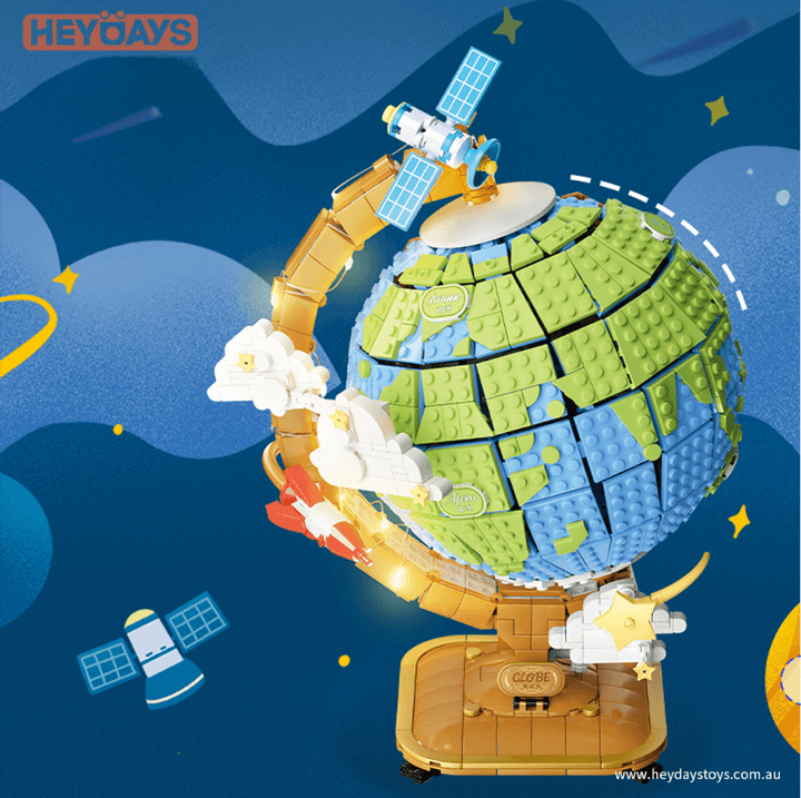 Rotating Earth Globe Building Blocks Set with LED Light & Core Layers – 3D Geography Toy