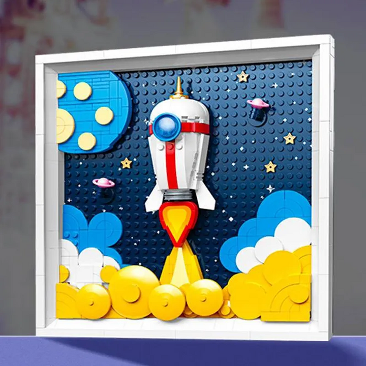 3D Rocket Launch Wall Art Building Blocks Picture DIY Space Themed Frame  Room Decor