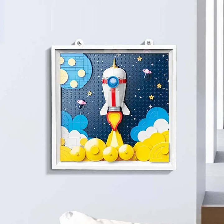 3D Rocket Launch Wall Art Building Blocks Picture DIY Space Themed Frame  Room Decor