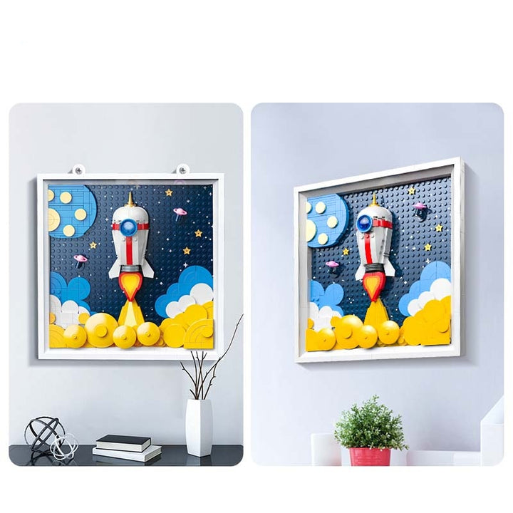 3D Rocket Launch Wall Art Building Blocks Picture DIY Space Themed Frame  Room Decor