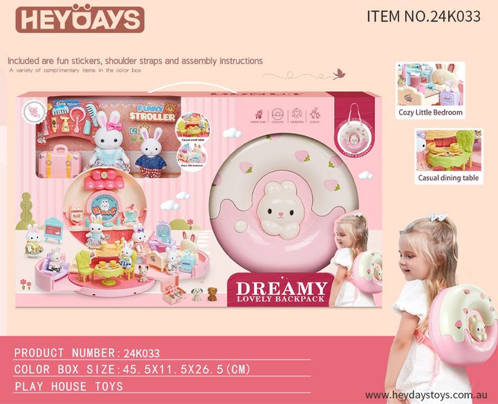Doll Backpack Playset Bunny Rabbit House Pretend Play Toy Gift for Girls Kids