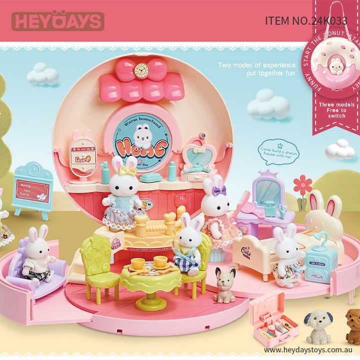 Doll Backpack Playset Bunny Rabbit House Pretend Play Toy Gift for Girls Kids