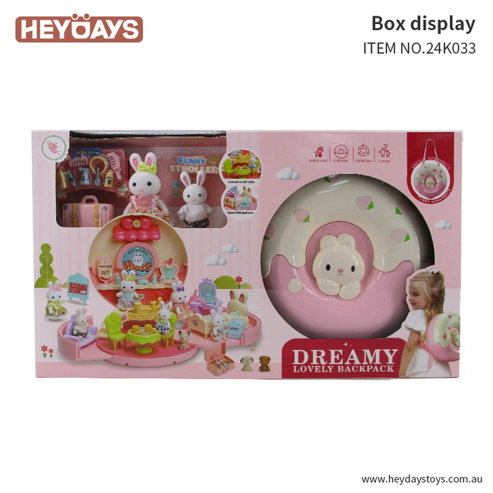 Doll Backpack Playset Bunny Rabbit House Pretend Play Toy Gift for Girls Kids