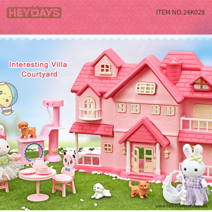 Kids Pretend Play Villa Courtyard Bunny Rabbit Pets and Accessories Toy Set Gift