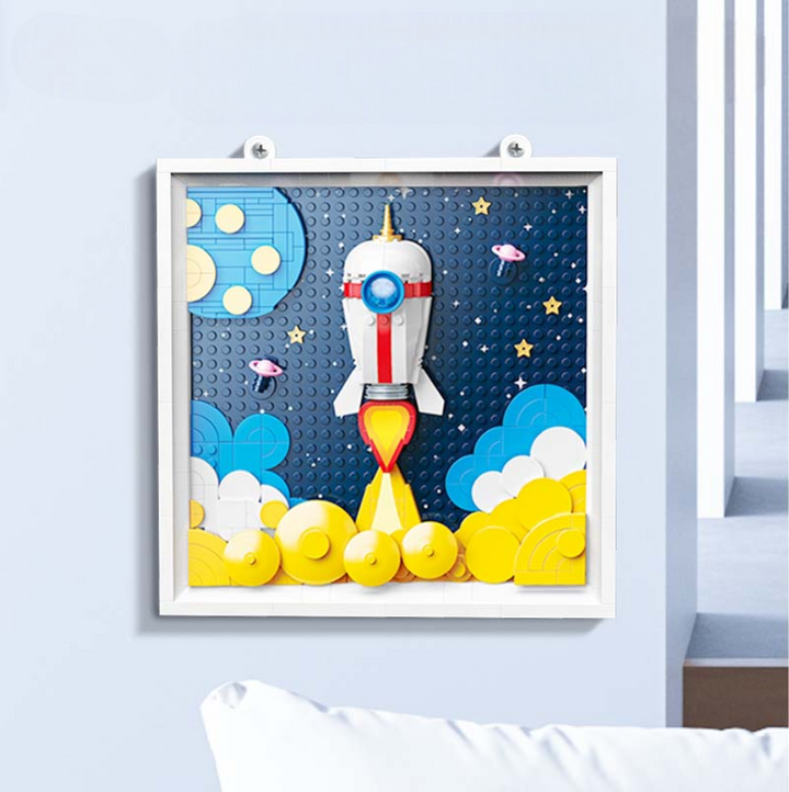 3D Rocket Launch Wall Art Building Blocks Picture DIY Space Themed Frame  Room Decor