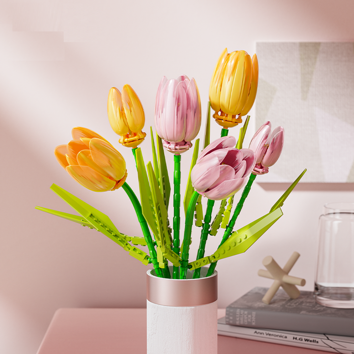 3 Pieces Tulip Flower Building Blocks DIY Artificial Bouquet Gift for Home Office Décor