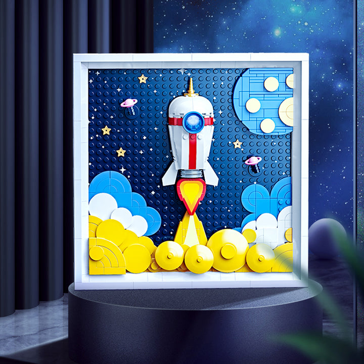 3D Rocket Launch Wall Art Building Blocks Picture DIY Space Themed Frame  Room Decor