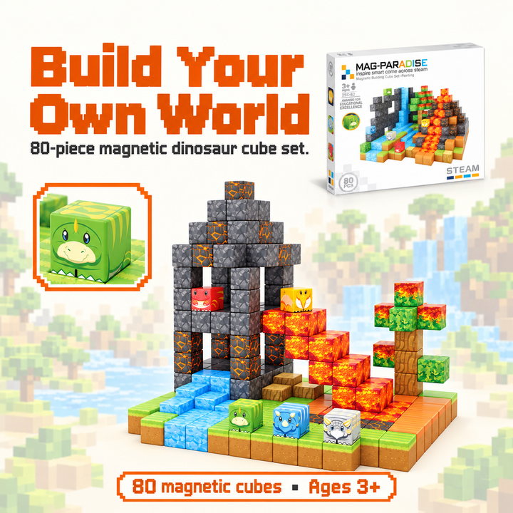 Magnetic Building Blocks Dinosaur & Lava World – 80-Piece Cube Set (25C-62)