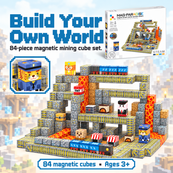 Magnetic Building Blocks Mining & Railway – 84-Piece Cube Set (25C-68)