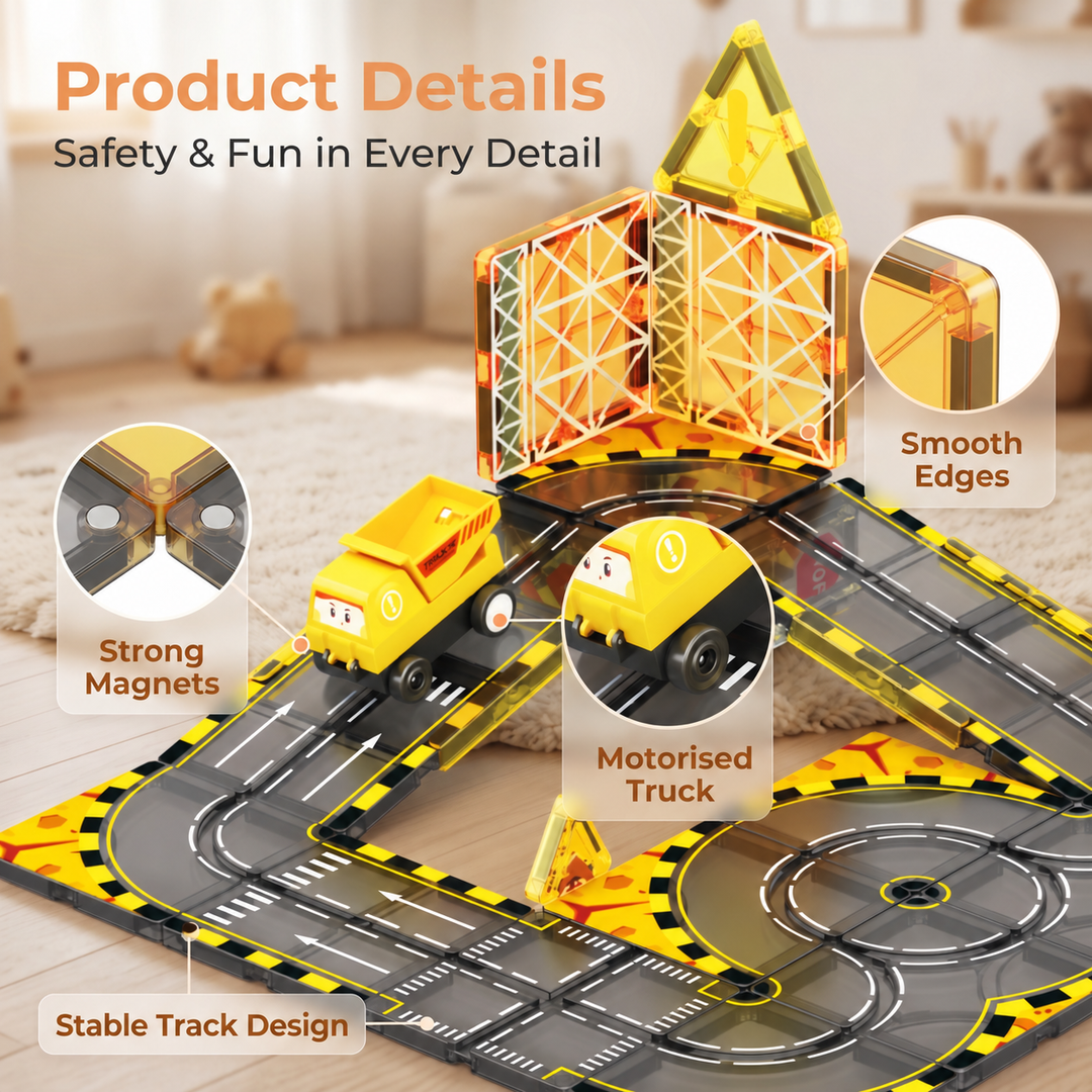 Magnetic Tiles Construction Track – 33-Piece Set with Motorised Dump Truck (BLK3073)