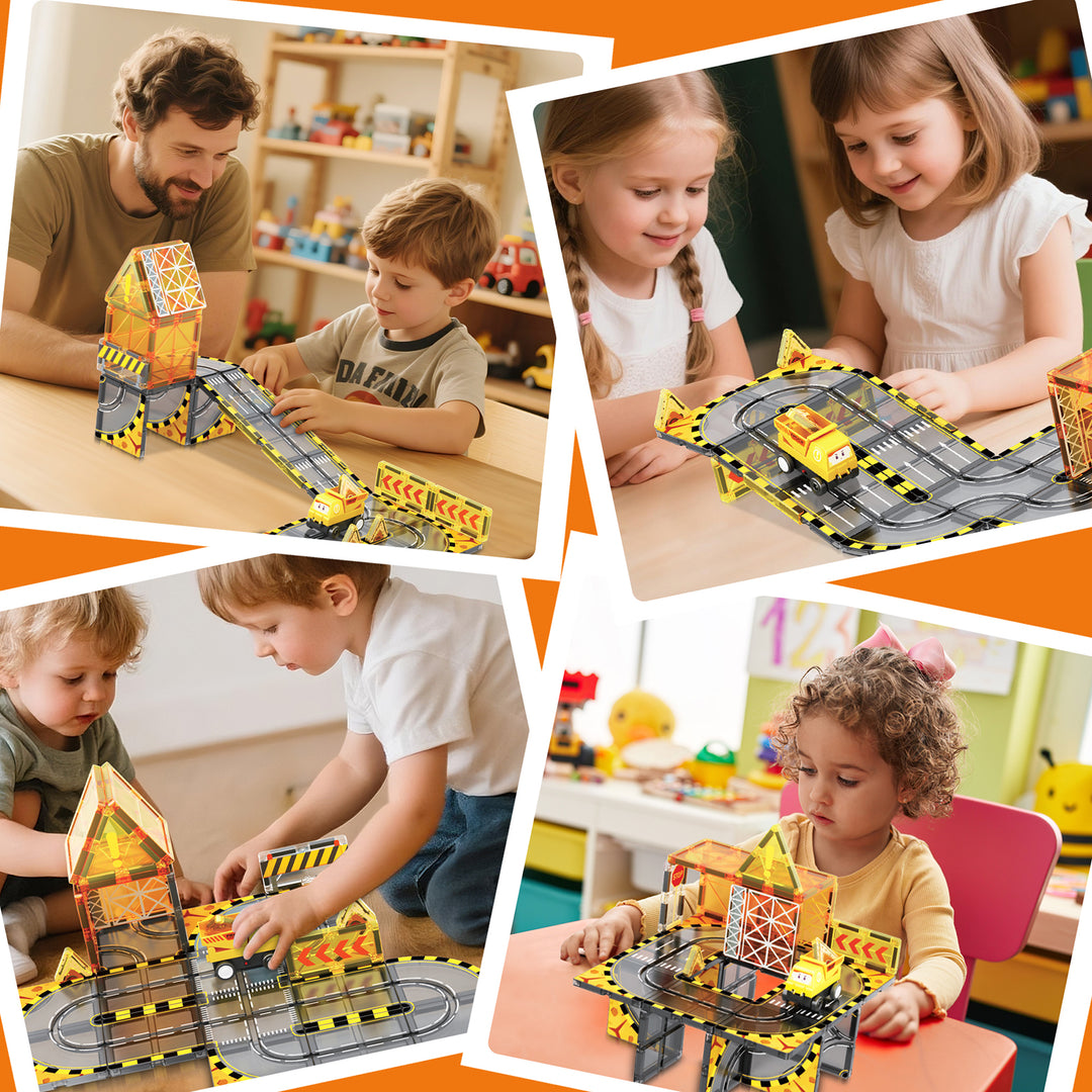 Magnetic Tiles Construction Track – 33-Piece Set with Motorised Dump Truck (BLK3073)