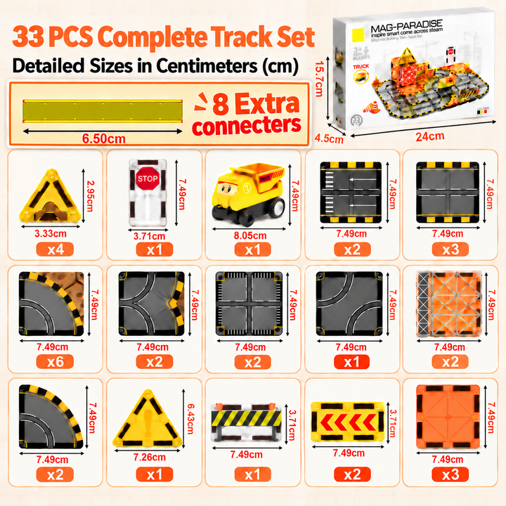Magnetic Tiles Construction Track – 33-Piece Set with Motorised Dump Truck (BLK3073)