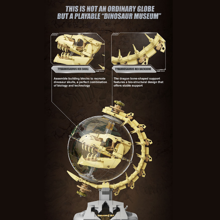Dinosaur Era Globe Building Blocks Toy, Prehistoric T-Rex Skeleton Model Kit