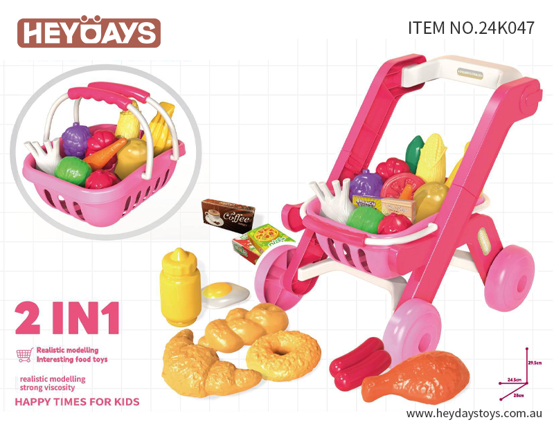 Pretend Play Toy Grocery Shopping Cart Trolley Play Set w/ Play Food Gift Kids