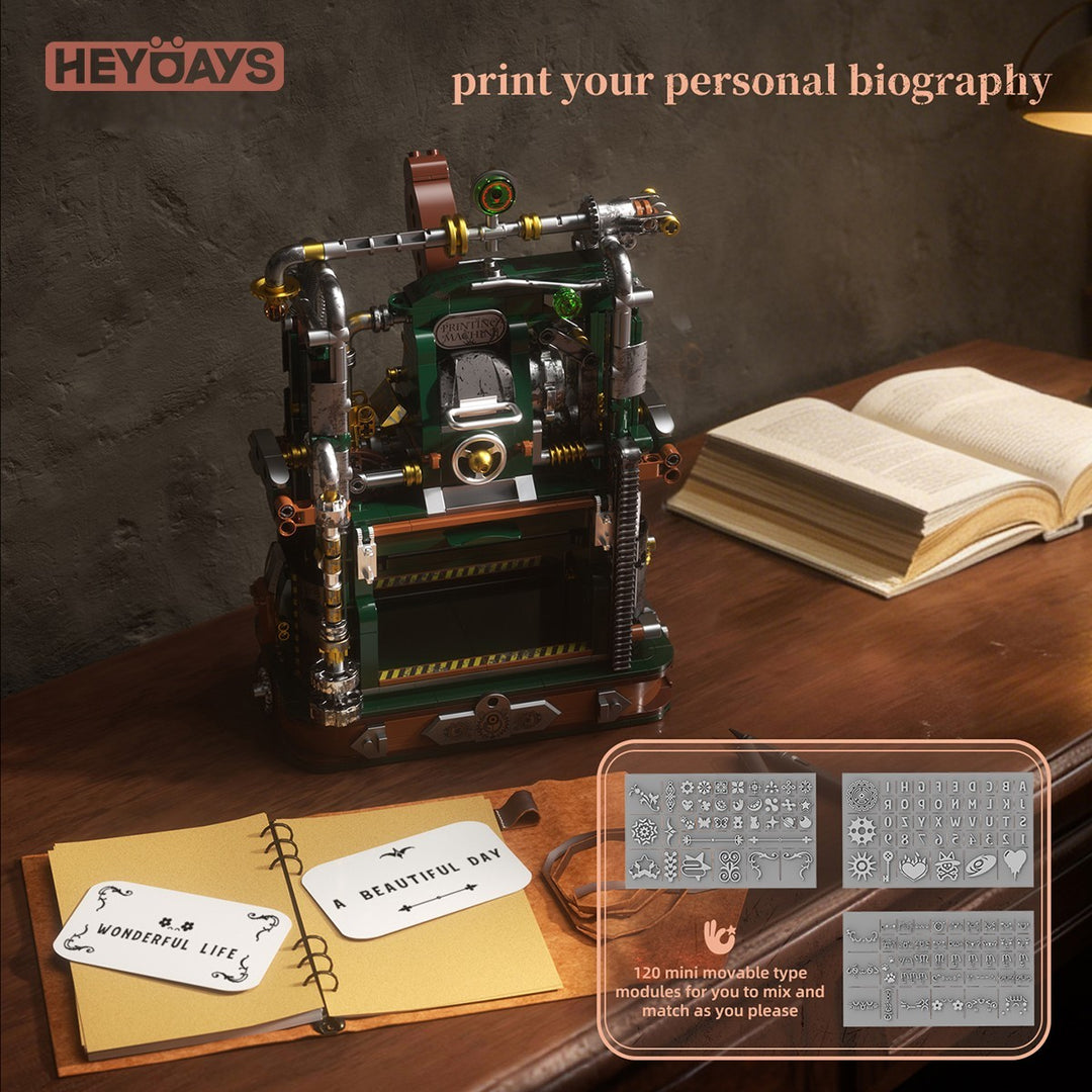 Mechanical Printing Press Building Block Kit Functional Movable Type Machine