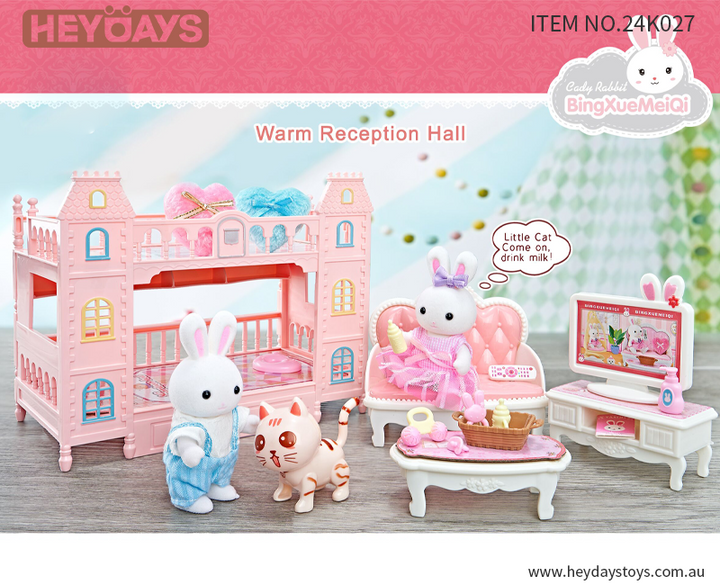 Pretend Play House Living Room Bunny Rabbit w/ Kitty Cat Play Set Toy Gift Kids