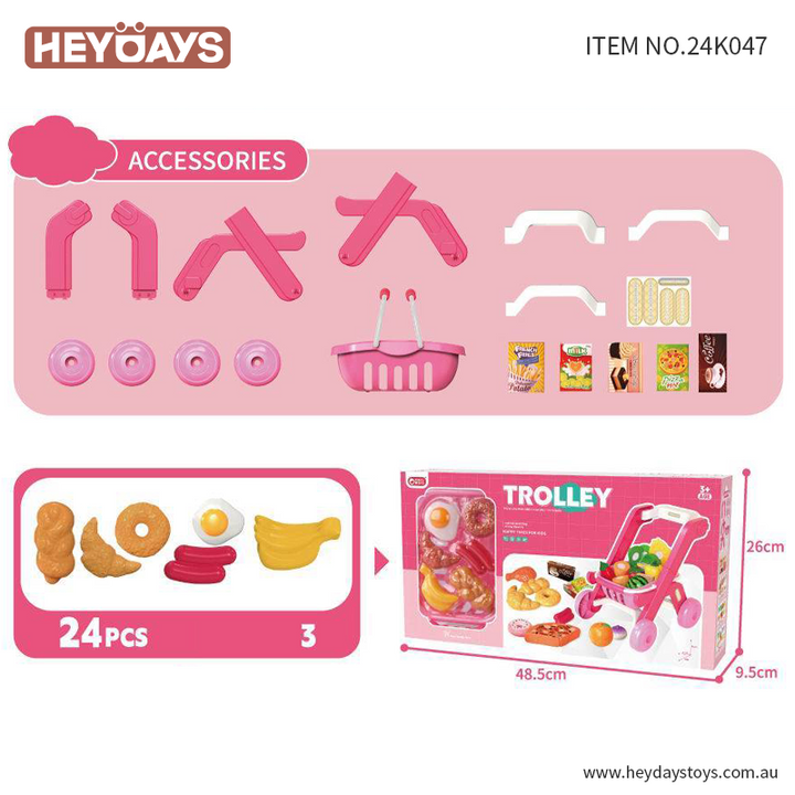 Pretend Play Toy Grocery Shopping Cart Trolley Play Set w/ Play Food Gift Kids