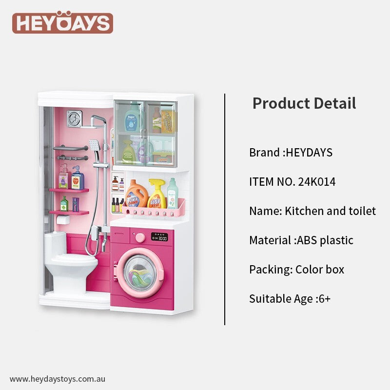 Pretend Play Toy Bathroom Shower Room Laundry Toilet Accessory Playset Gift Kids