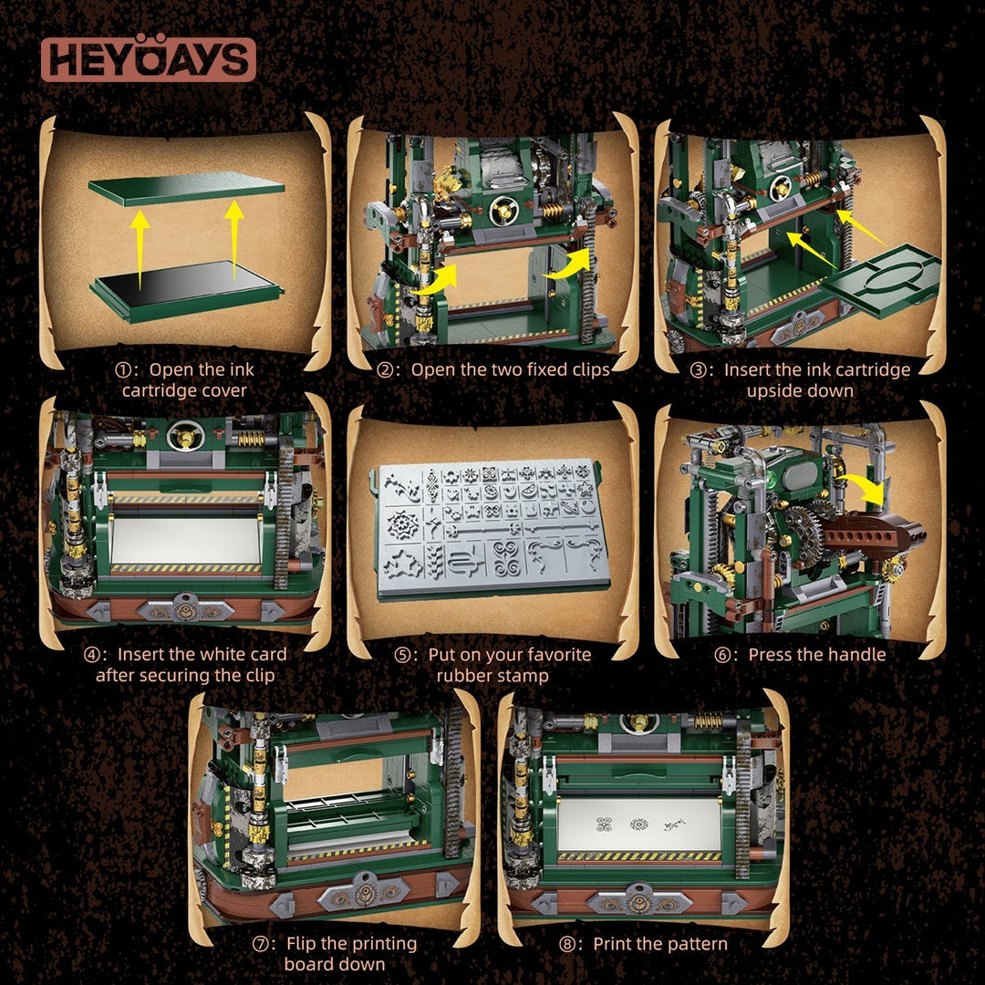 Mechanical Printing Press Building Block Kit Functional Movable Type Machine