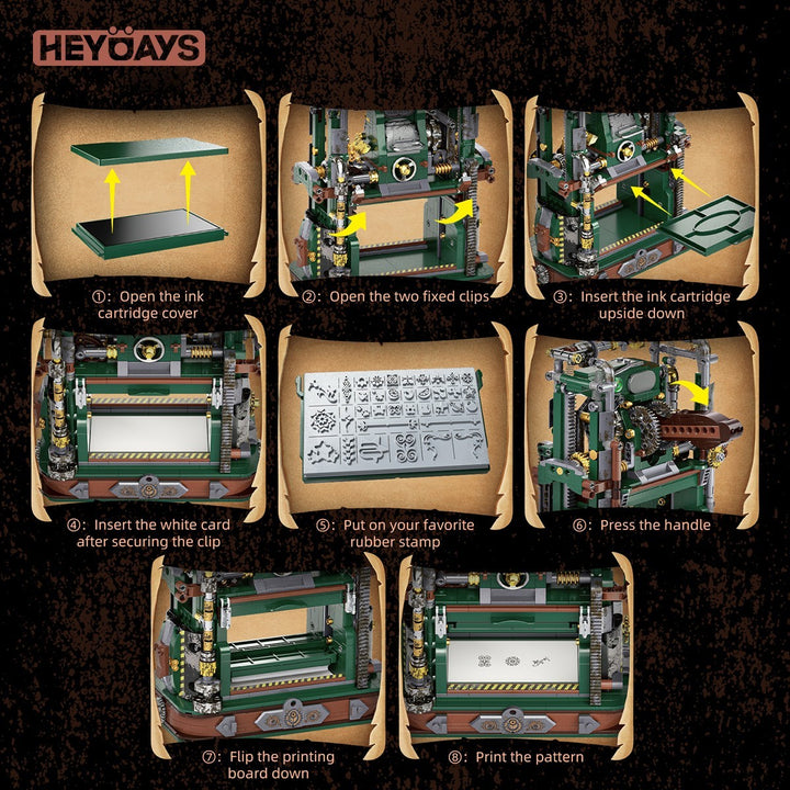 Mechanical Printing Press Building Block Kit Functional Movable Type Machine