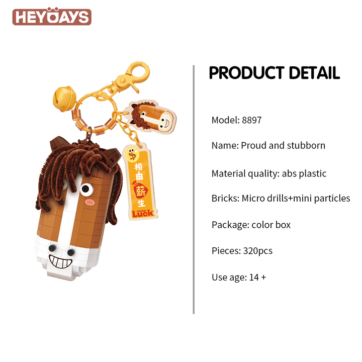 3D Funny Horse Micro Building Block Keychain Set, Cute Animal Brick Bag Charm