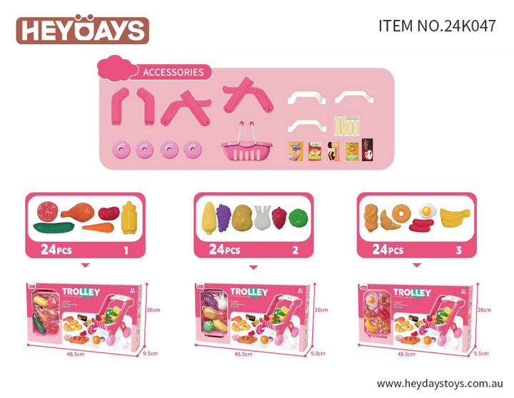 Pretend Play Toy Grocery Shopping Cart Trolley Play Set w/ Play Food Gift Kids