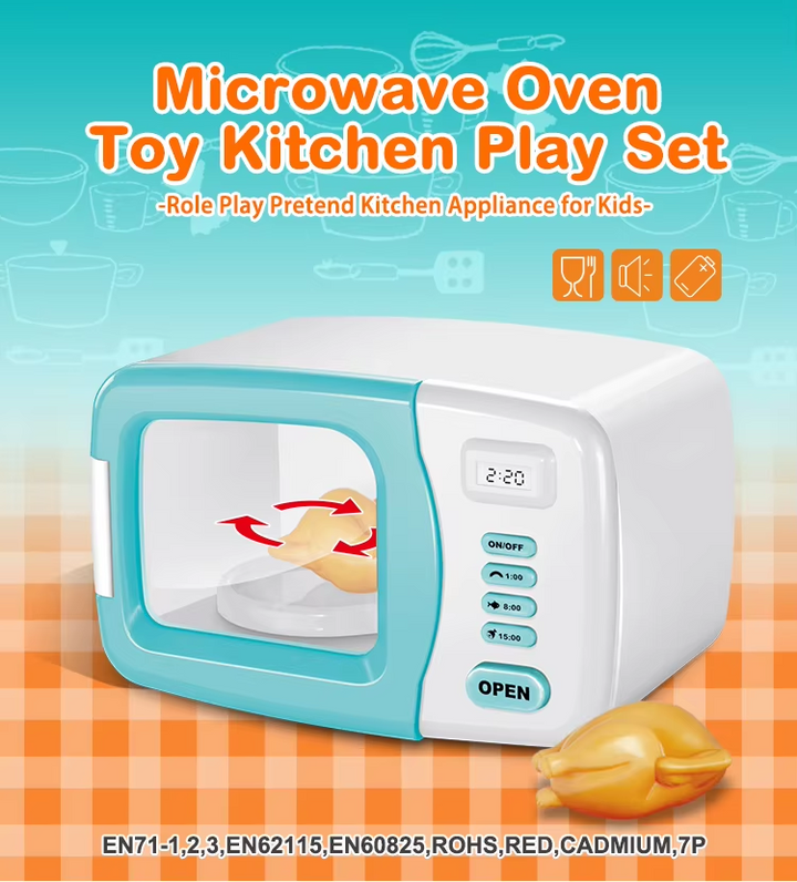 Kids Microwave Toy Kitchen Playset Pretend Play Kitchen Appliance with Rotating
