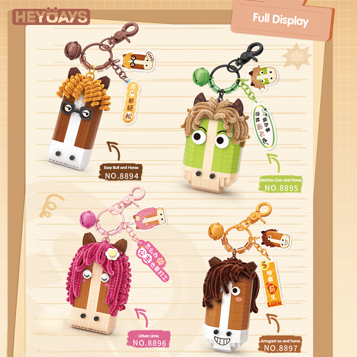 3D Funny Horse Micro Building Block Keychain Set, Cute Animal Brick Bag Charm
