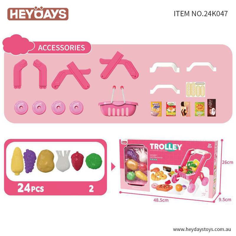 Pretend Play Toy Grocery Shopping Cart Trolley Play Set w/ Play Food Gift Kids