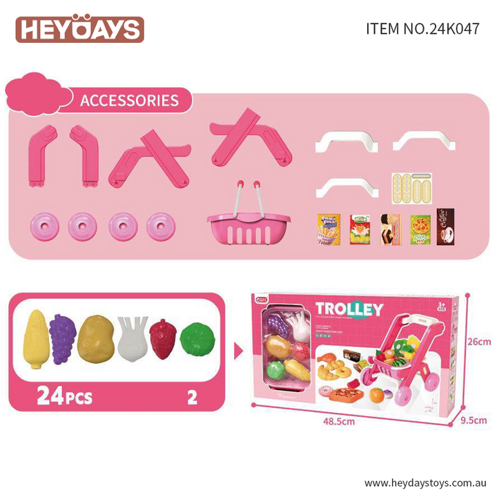 Pretend Play Toy Grocery Shopping Cart Trolley Play Set w/ Play Food Gift Kids