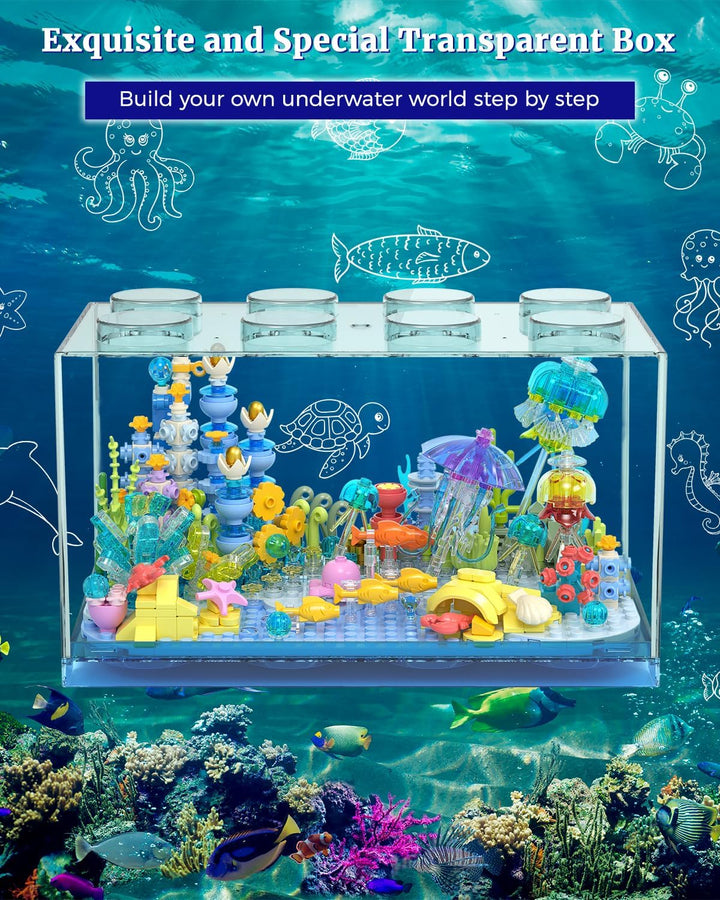 Fish Tank Aquarium Building Block Set with Light Ocean Under the Sea Brick Kit Toys
