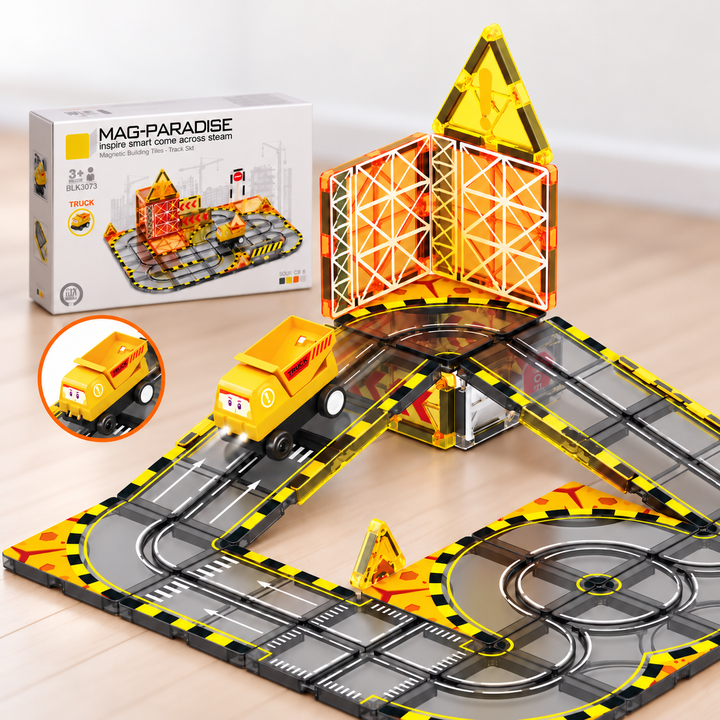 Magnetic Tiles Construction Track – 33-Piece Set with Motorised Dump Truck (BLK3073)