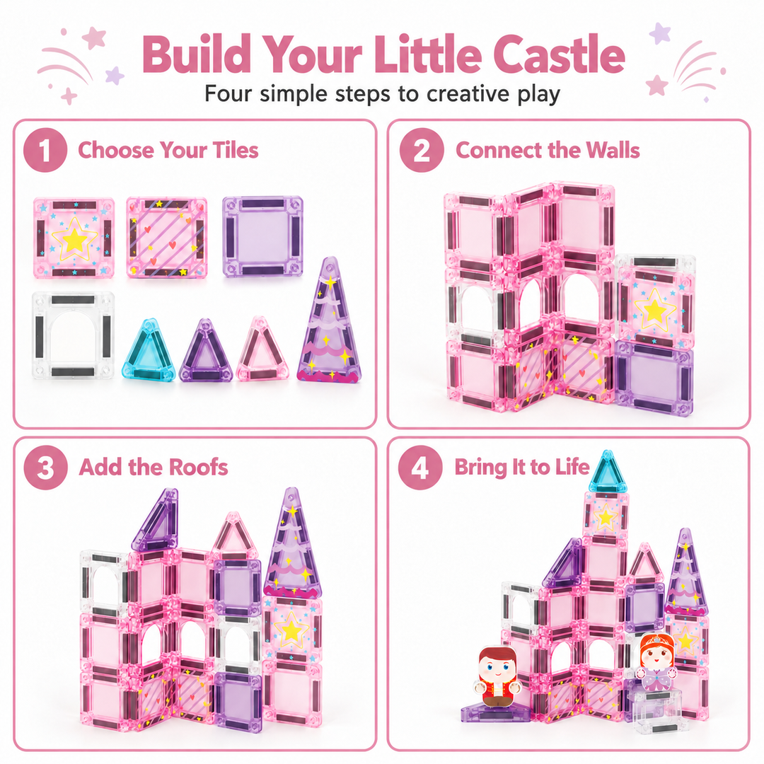 Mini Magnetic Tiles Princess Castle – 32-Piece Travel Set with Storage Tin (BLK3008)