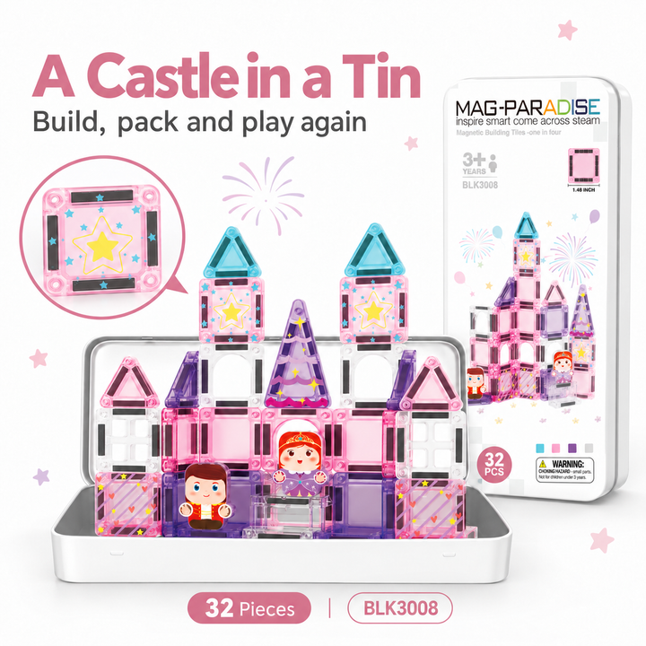 Mini Magnetic Tiles Princess Castle – 32-Piece Travel Set with Storage Tin (BLK3008)