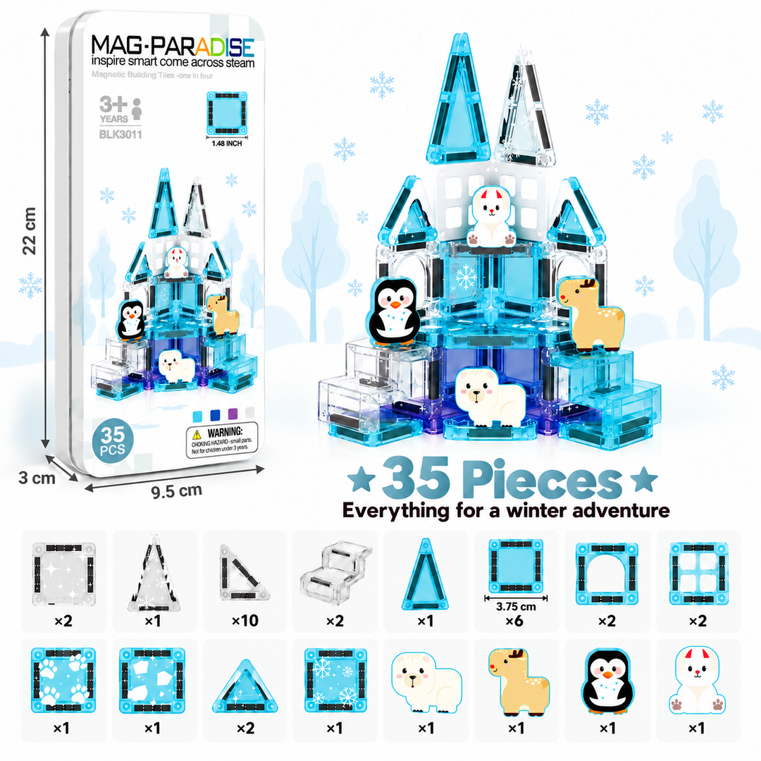Mini Magnetic Tiles Ice Castle – 35-Piece Travel Set with Storage Tin (BLK3011)