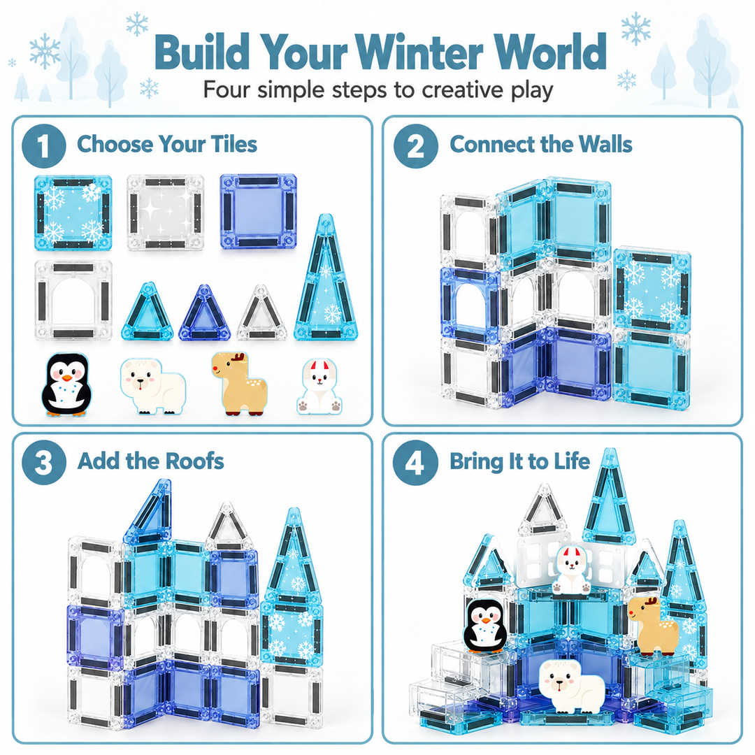 Mini Magnetic Tiles Ice Castle – 35-Piece Travel Set with Storage Tin (BLK3011)