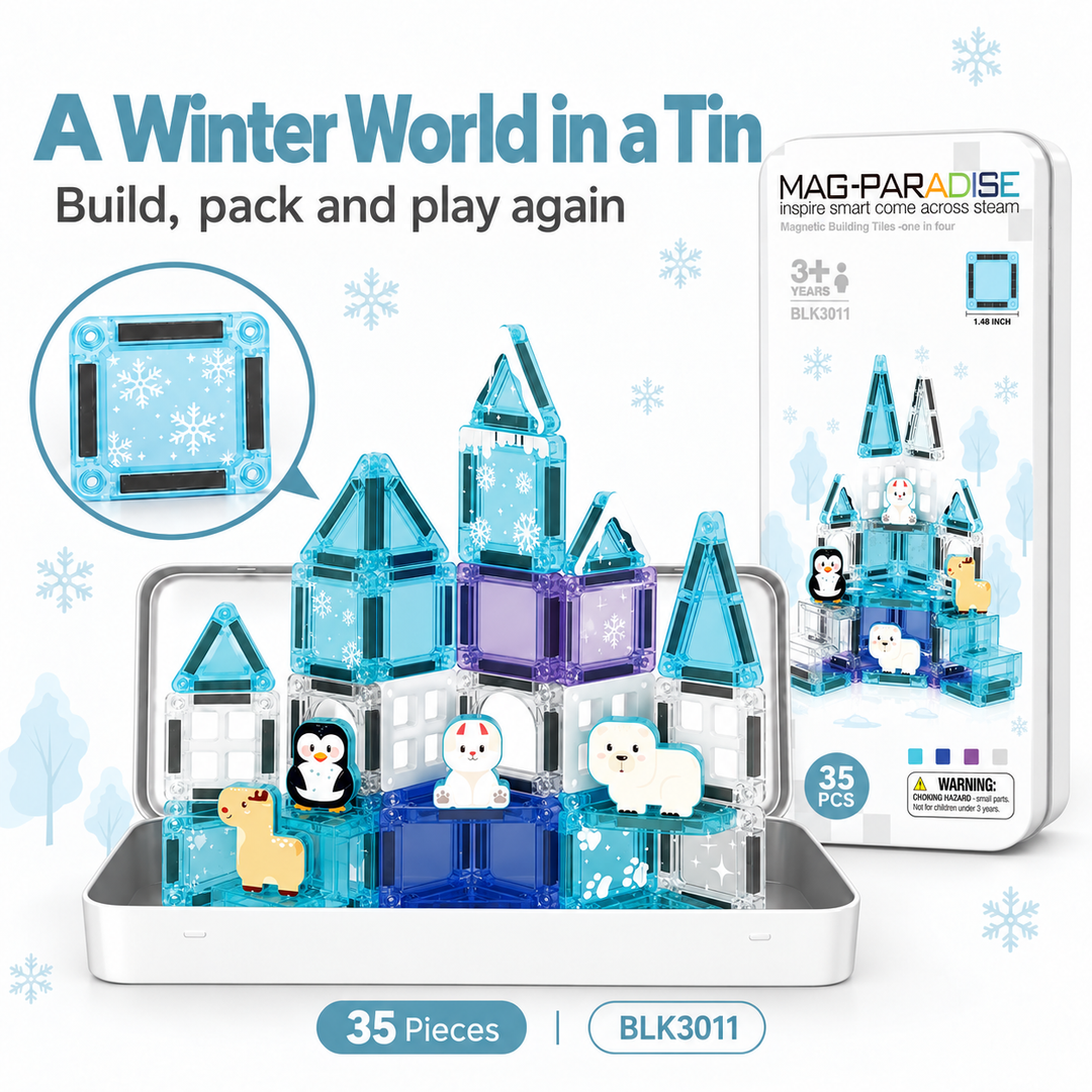 Mini Magnetic Tiles Ice Castle – 35-Piece Travel Set with Storage Tin (BLK3011)