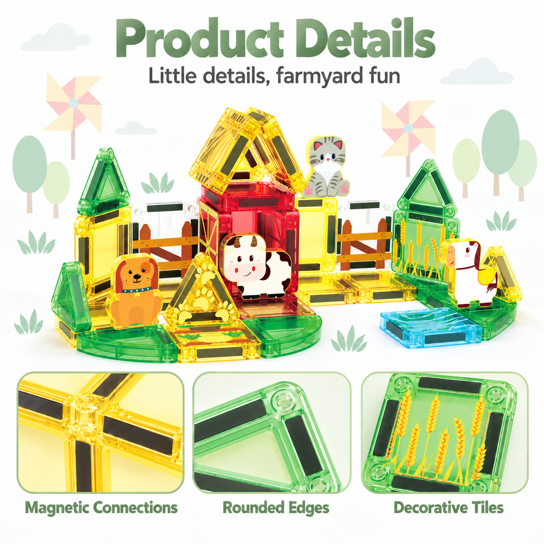 Mini Magnetic Tiles Farm – 35-Piece Travel Set with Storage Tin (BLK3013)
