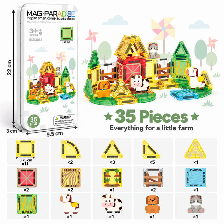 Mini Magnetic Tiles Farm – 35-Piece Travel Set with Storage Tin (BLK3013)