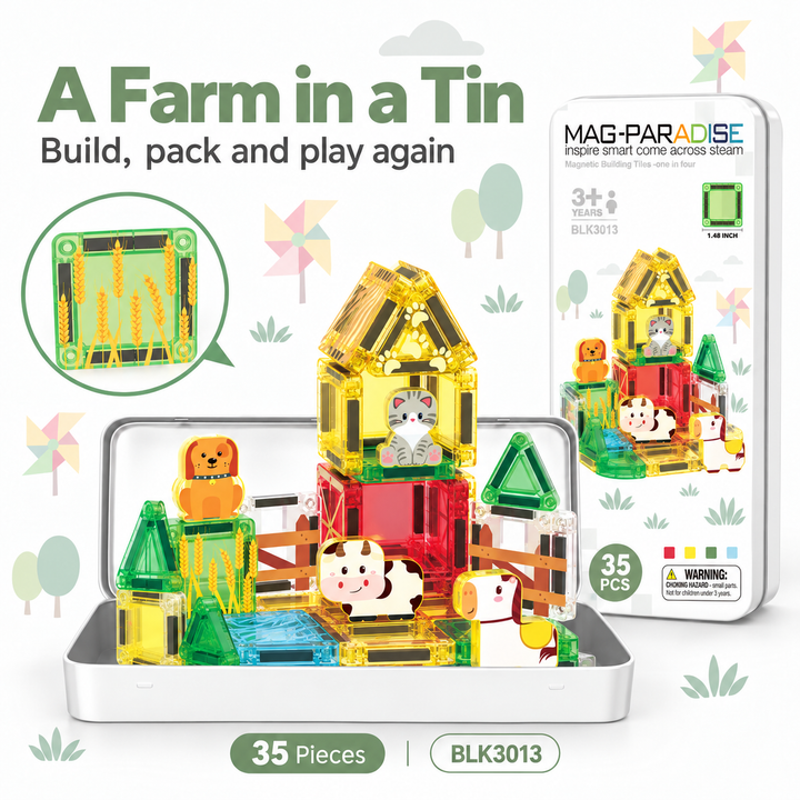 Mini Magnetic Tiles Farm – 35-Piece Travel Set with Storage Tin (BLK3013)