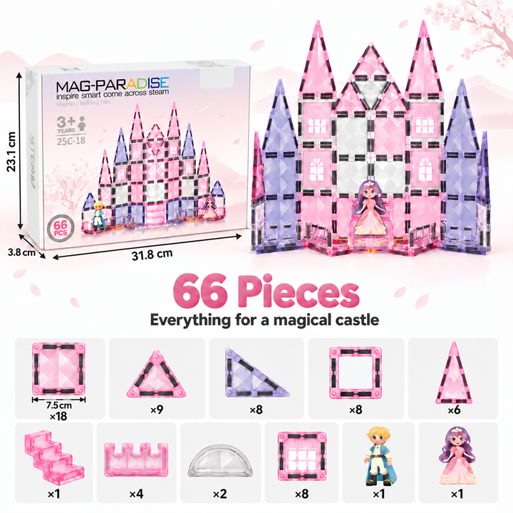 Diamond Magnetic Tiles Pink Princess Castle – 66-Piece Building Set (BLK3018)