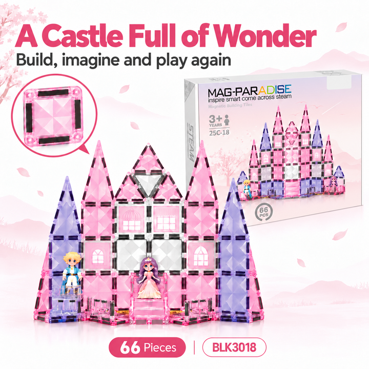 Diamond Magnetic Tiles Pink Princess Castle – 66-Piece Building Set (BLK3018)